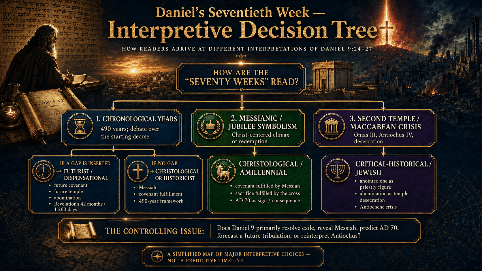Daniel’s Seventieth Week Interpretive Decision Tree Daniel's seventieth week interpretive decision tree showing how readers arrive at futurist, Christological, amillennial, critical-historical, Jewish, and historicist interpretations of Daniel 9:24-27