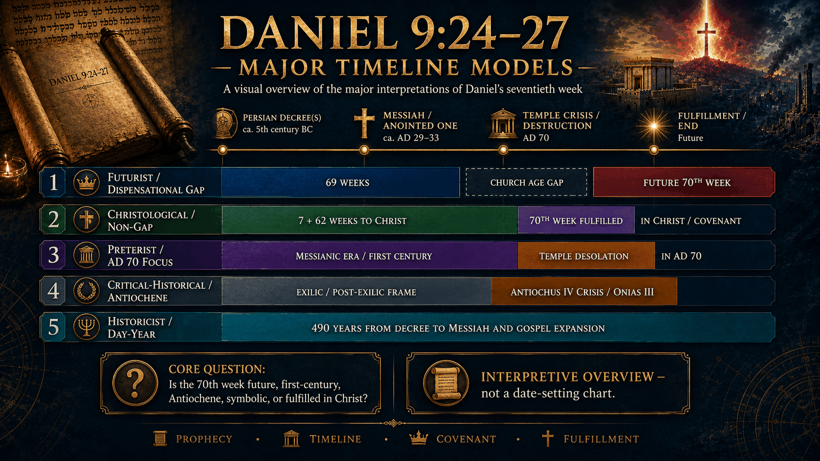 Daniel 9:24–27 Major Timeline Models Daniel 9:24-27 major timeline models chart comparing futurist, Christological, preterist, critical-historical, and historicist interpretations of Daniel's seventieth week