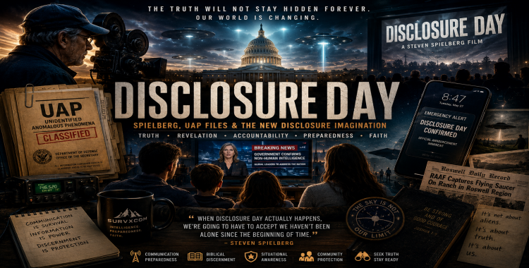 SURVXCOM support image for Disclosure Day showing a cinematic UFO disclosure montage with government UAP files, news alerts, a family watching the announcement, faith symbols, communications gear, and public-trust themes