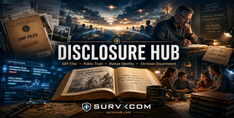 SURVXCOM Disclosure Hub thumbnail for UAP files, public trust, Christian discernment, and disclosure analysis