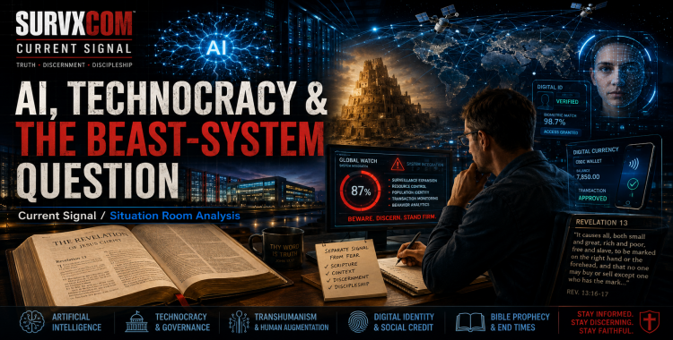 AI Becomes an Eschatology Machine featured image showing artificial intelligence, technocracy, digital identity, Revelation 13, Bible prophecy, and a Christian researcher separating signal from fear