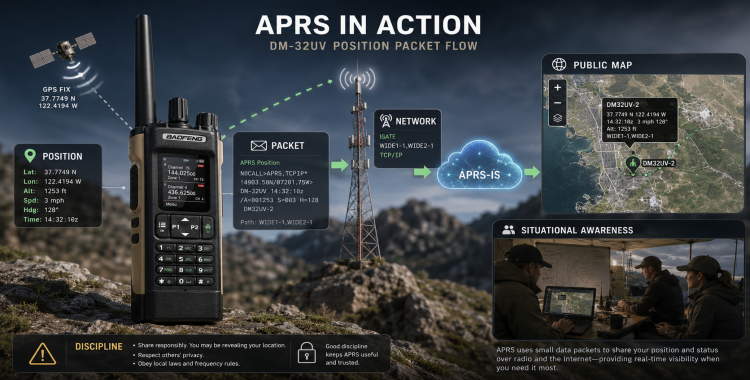 APRS in the Field infographic showing a Baofeng-style handheld radio, GPS, VHF/UHF, DMR/APRS, a hiker, aprs.fi-style map tracking, and field communication notes.