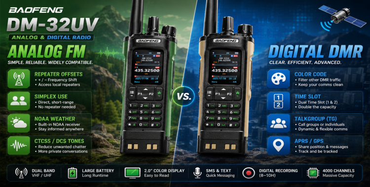 Comparison graphic showing analog FM and digital DMR operation on the Baofeng DM-32UV, including repeater offsets, simplex, NOAA, color code, time slot, talkgroups, APRS, and GPS.