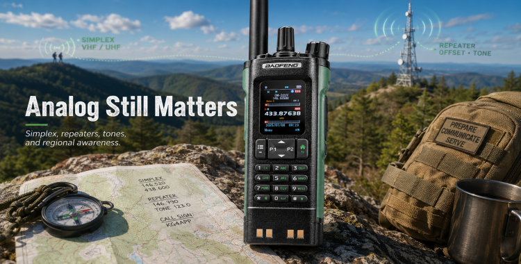 Baofeng DM-32UV radio in a field setting with simplex, repeater, tone, map, compass, and regional awareness imagery.