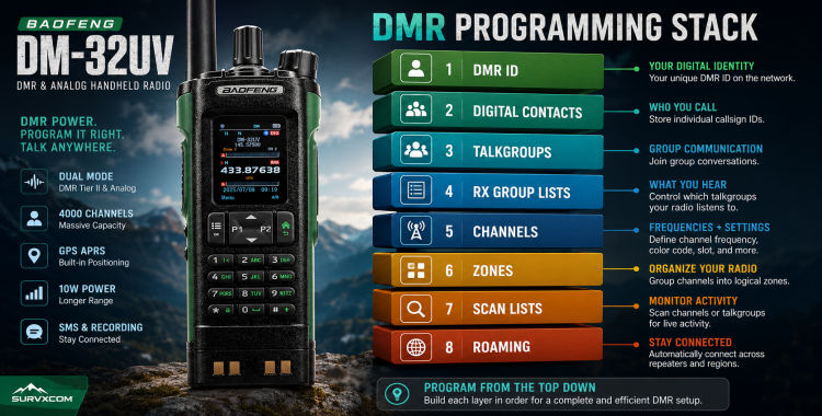 Baofeng DM-32UV DMR programming stack graphic showing color code, time slot, talkgroup, contact list, RX group, DMR ID, zones, and repeater settings.