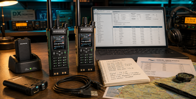 Baofeng DM-32UV radios on a ham radio programming desk with CPS software, codeplug notes, charging cradle, repeater lists, and a Carolinas map.