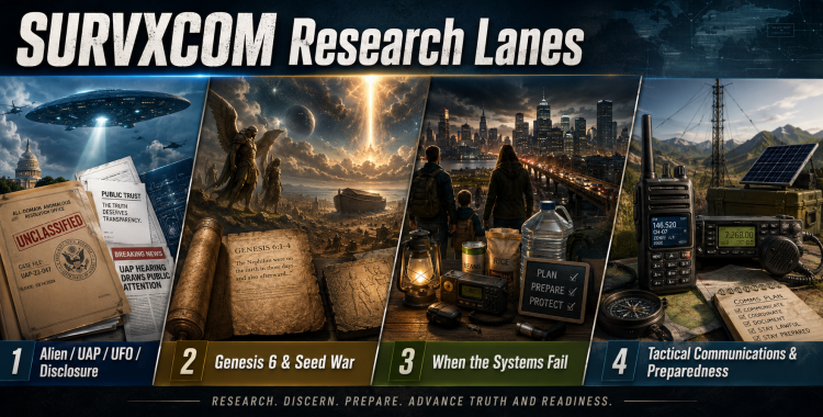 SURVXCOM Research Lanes montage showing UAP disclosure, Genesis 6 Seed War, systems failure resilience, and tactical communications preparedness