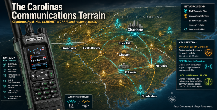 Carolinas communications terrain map showing Charlotte, Rock Hill, Chester, Columbia, Greenville, Spartanburg, Florence, Charleston, SCHEART, NCPRN, analog repeaters, and DMR network links.