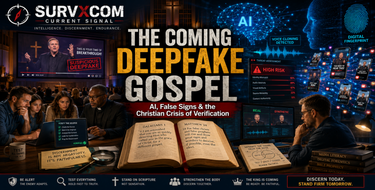 The Coming Deepfake Gospel featured image showing AI deepfakes, false signs, synthetic religious media, Bible prophecy, and Christians verifying digital evidence