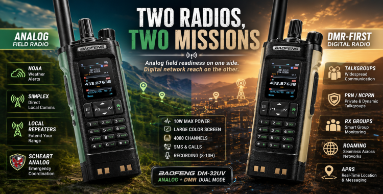 Two Baofeng DM-32UV radios showing an analog field radio mission on one side and a DMR-first digital radio mission on the other.