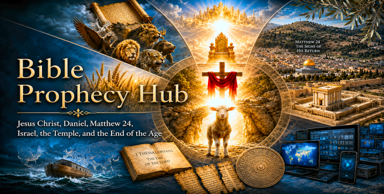 Christ-centered Bible prophecy hub imagery combining Daniel, Matthew 24, Jerusalem, the Temple, Genesis 6, the Dead Sea Scrolls, resurrection, judgment, and new creation.