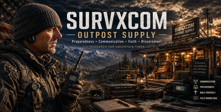 SURVXCOM Outpost Supply featured image showing a rugged preparedness outpost in a mountain setting with communications gear, an American flag, and a cinematic field-store atmosphere.