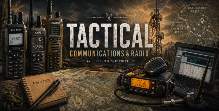 Tactical communications banner showing handheld radios, antennas, signal overlays, rugged terrain, and a cinematic field communications setup.