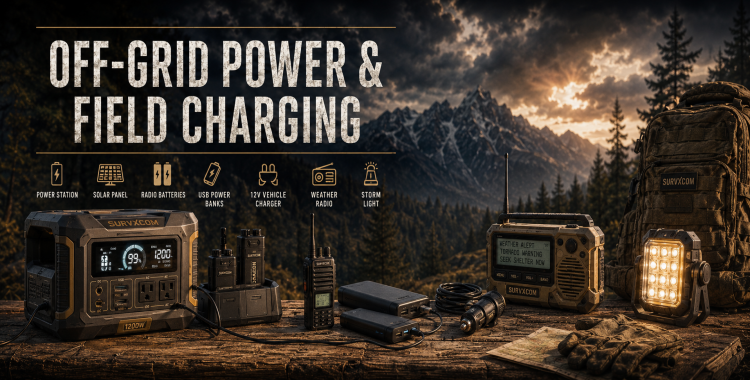 Off-grid power banner showing portable power stations, solar panels, batteries, and charging gear arranged in a rugged outdoor scene.