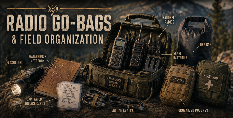 Organized radio go-bag with handheld radios, batteries, pouches, notebooks, cables, and preparedness gear.