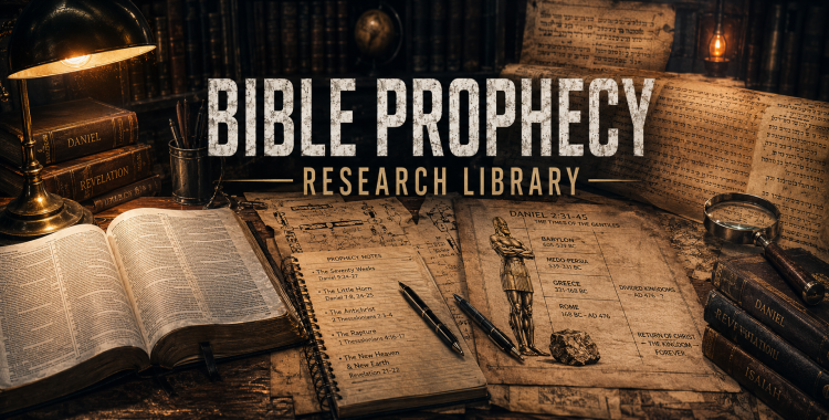 Bible prophecy research banner showing an open Bible, study notes, charts, and a warm study desk scene for theological research.