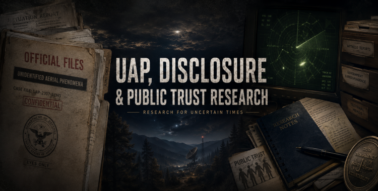UAP disclosure research banner with official-style files, archive imagery, research notebooks, and a subtle ambiguous sky-light motif.