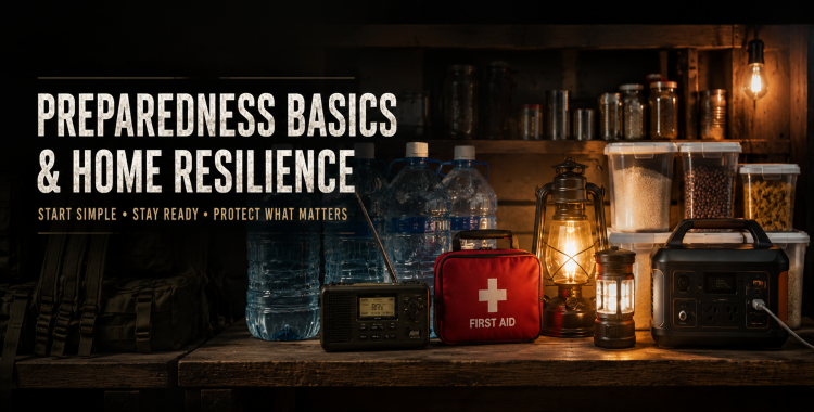 Preparedness banner showing water storage, radios, lanterns, first aid, food storage, and home resilience gear in a calm cinematic setting.