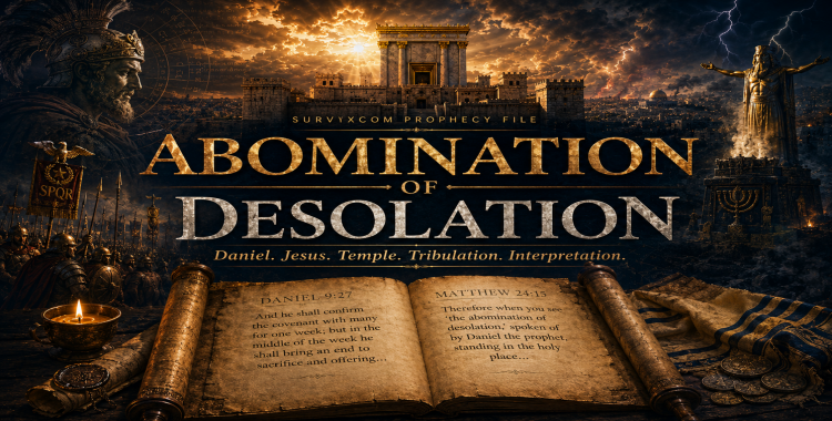 Abomination of desolation prophecy graphic with Daniel 9, Matthew 24, Jerusalem temple imagery, Roman standards, and apocalyptic sky
