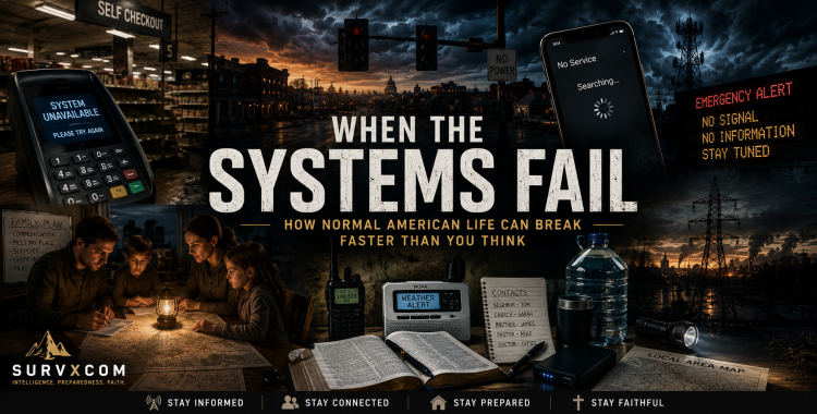 SURVXCOM featured image for When the Systems Fail showing a cinematic preparedness and systems-failure montage connected to communications failure, public trust, and practical readiness.