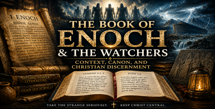 Book of Enoch and Watchers graphic with ancient manuscript, Watchers silhouettes, open Bible, and Second Temple Jewish literature symbolism.