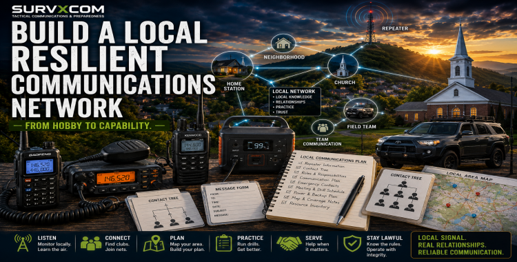 Local resilient communications network featured image showing radios, repeater tower, map nodes, and community preparedness planning