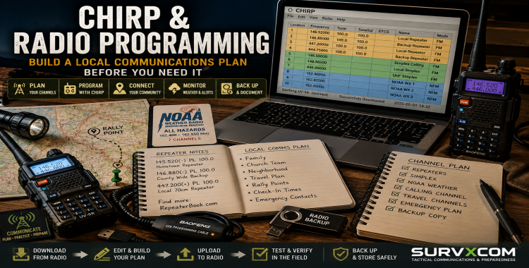 CHIRP radio programming featured image showing laptop, radio cable, handheld radios, and local channel planning materials