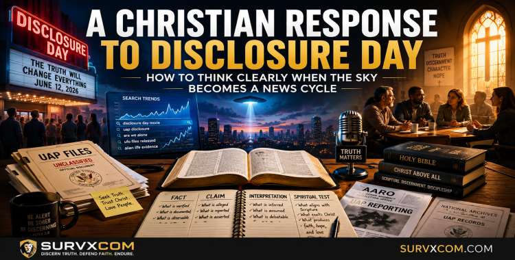 SURVXCOM featured image for A Christian Response to Disclosure Day showing a vivid cinematic split scene with a movie-theater search wave, UAP files, official documents, a Bible, a pastor’s notes, a family discussion table, and the words Fact, Claim, Interpretation, Spiritual Test.