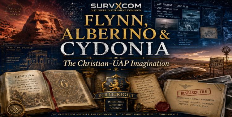 David Flynn Timothy Alberino Cydonia article graphic with Mars Cydonia imagery, Roswell desert, sacred geometry, Genesis 6 Bible text, and UAP disclosure screens.