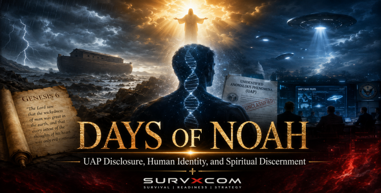 Days of Noah UAP disclosure graphic with Genesis 6 scroll, flood clouds, ark silhouette, UAP lights, DNA symbolism, and Christian discernment theme.