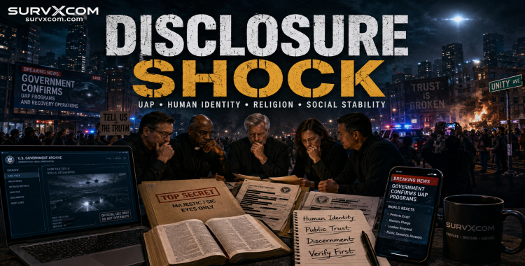 SURVXCOM featured image for Disclosure Shock showing a cinematic UAP disclosure and public-trust scene with official files, screens, church leaders, media feeds, a Bible, human identity notes, and storm-lit sky imagery.