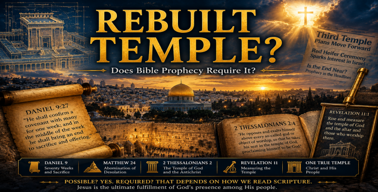 Bible prophecy rebuilt temple graphic with Jerusalem Temple Mount, ancient temple blueprint, Daniel scroll, Revelation measuring rod, and 2 Thessalonians symbolism.