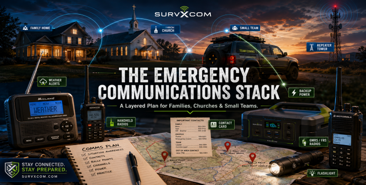 Emergency communications stack featured image showing family, church, and team planning with radios, maps, and layered communication tools