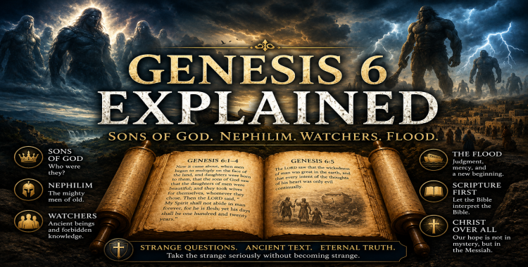 Genesis 6 explained graphic with sons of God, Nephilim, Watchers, flood clouds, ancient world, and open Bible imagery.