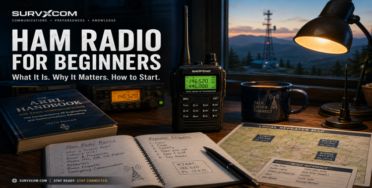 Beginner ham radio featured image with handheld transceiver, study guide, antenna, repeater map, and SURVXCOM branding