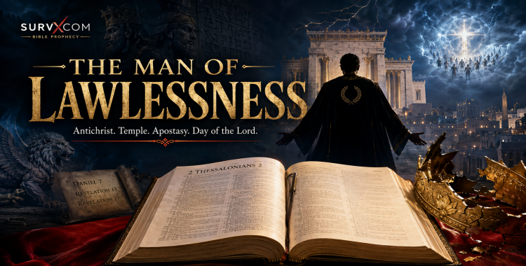 Man of lawlessness prophecy graphic showing an open Bible, shadowed Antichrist figure, temple imagery, broken crown, Daniel scroll, Revelation beast symbolism, and apocalyptic sky