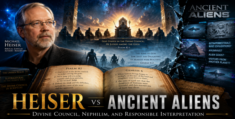 Michael Heiser divine council and ancient aliens graphic with open Bible, celestial council imagery, Genesis 6 symbolism, and UAP disclosure theme.