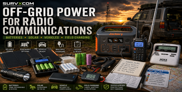 Off-grid radio power featured image showing portable power station, solar charging, radio batteries, and field communications gear