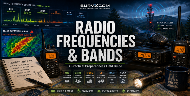 Preparedness radio frequencies and bands featured image showing spectrum graphics, radio gear, and field-guide styling