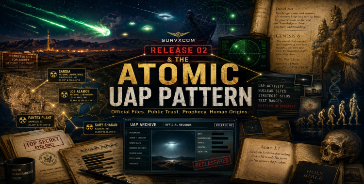 Release 02 Atomic UAP Pattern graphic showing official UAP files, Sandia, Los Alamos, Pantex, Sary Shagan, green fireballs, Bible prophecy, Genesis 6, and public-trust symbolism.