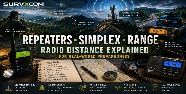 Radio range featured image showing repeater tower, handheld radio use, terrain, and line-of-sight concepts