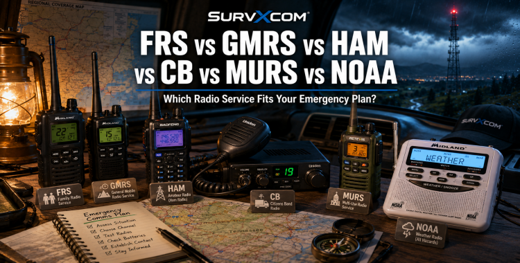SURVXCOM radio service comparison featured image showing FRS, GMRS, ham, CB, MURS, and NOAA radio equipment