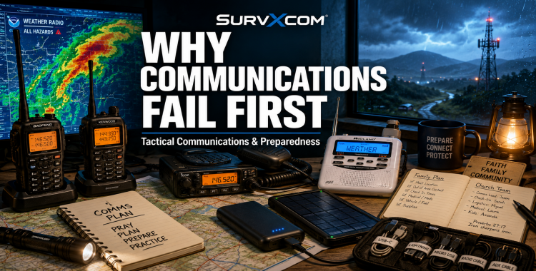 SURVXCOM tactical communications featured image showing radios, map, weather alert tools, and emergency communications planning during uncertain times