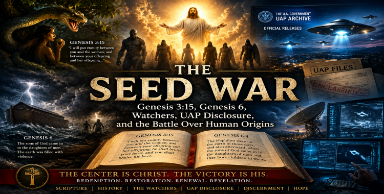 Seed War article graphic with Genesis 3:15, Genesis 6, Watchers, Nephilim, UAP disclosure imagery, open Bible, and Christ-centered light