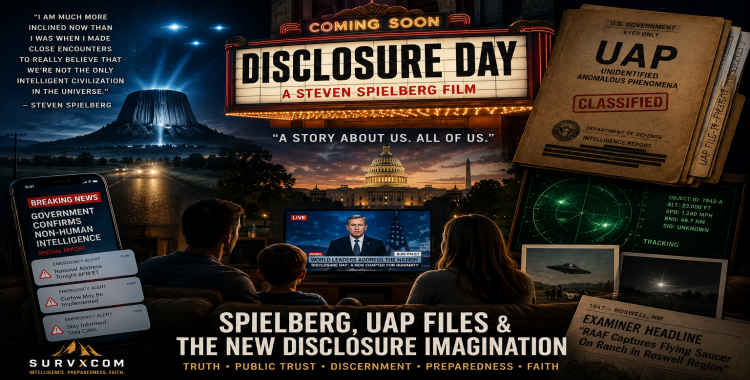 SURVXCOM featured image for Steven Spielberg Disclosure Day showing a cinematic UAP disclosure montage with official files, media alerts, a family watching the sky, and public trust themes.