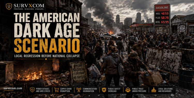 SURVXCOM featured image for The American Dark Age Scenario showing a gritty cinematic urban-collapse scene with large crowds, civil unrest, fires burning in the street, police vehicles, smoke rising over a distressed city, a gas station sign showing exorbitant fuel prices, cash-only warnings, and widespread public disorder.
