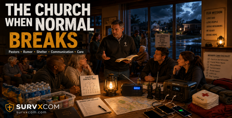 SURVXCOM featured image for The Church When Normal Breaks showing a cinematic church emergency preparedness scene with pastor, leaders, contact tree, radios, lanterns, Bible, relief supplies, and families gathering calmly during a neighborhood outage