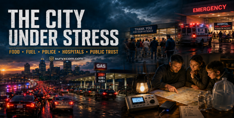 SURVXCOM featured image for The City Under Stress: Food, Fuel, Police, Hospitals, and the Social Pressure Cooker showing a cinematic preparedness and systems-failure montage connected to the article theme.