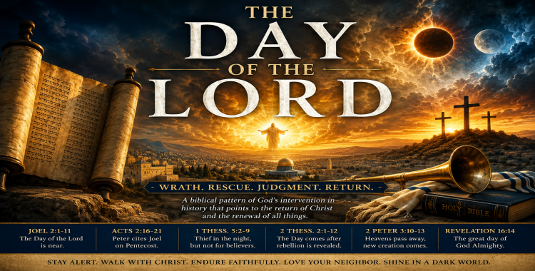 Day of the Lord Bible prophecy graphic showing prophetic scrolls, a darkened sun, trumpet, Jerusalem skyline, crosses, and dramatic apocalyptic sky