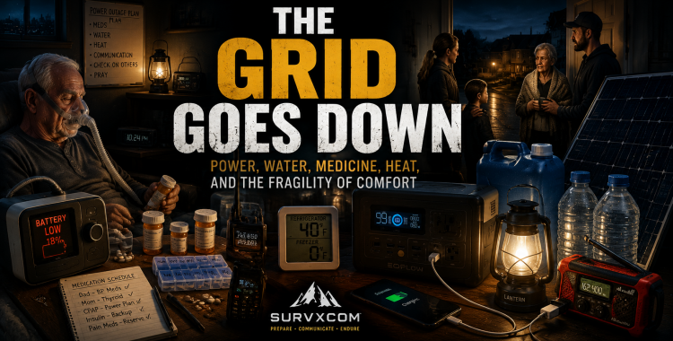 SURVXCOM featured image for The Grid Goes Down: Power, Water, Medicine, Heat, and the Fragility of Comfort showing a cinematic blackout interior with medical device power warning, water containers, power station, radio charging, refrigerator thermometer, and family checking on a neighbor